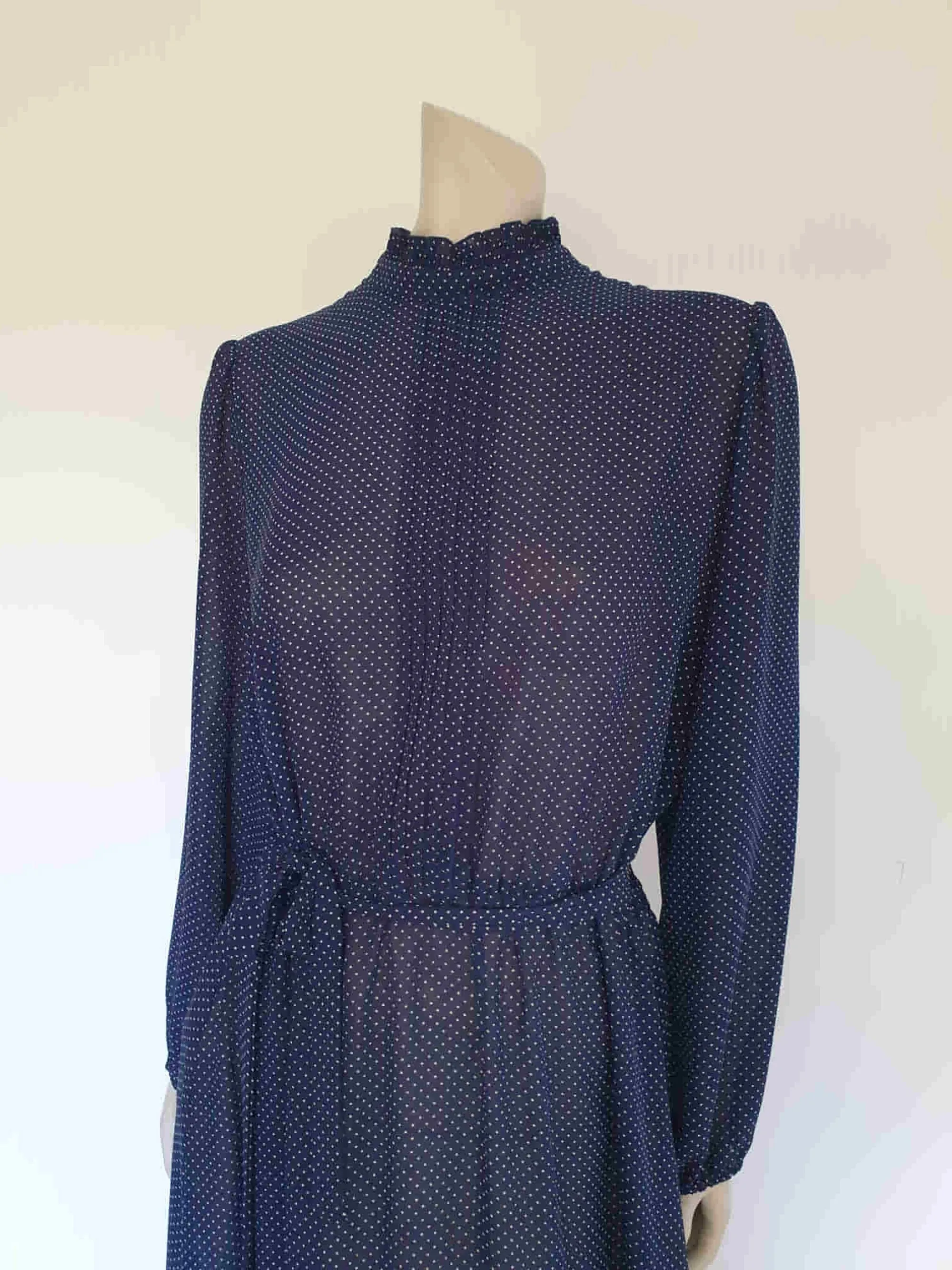 1980s Navy Blue Polka Dot Secretary Dress With Standing Collar - M