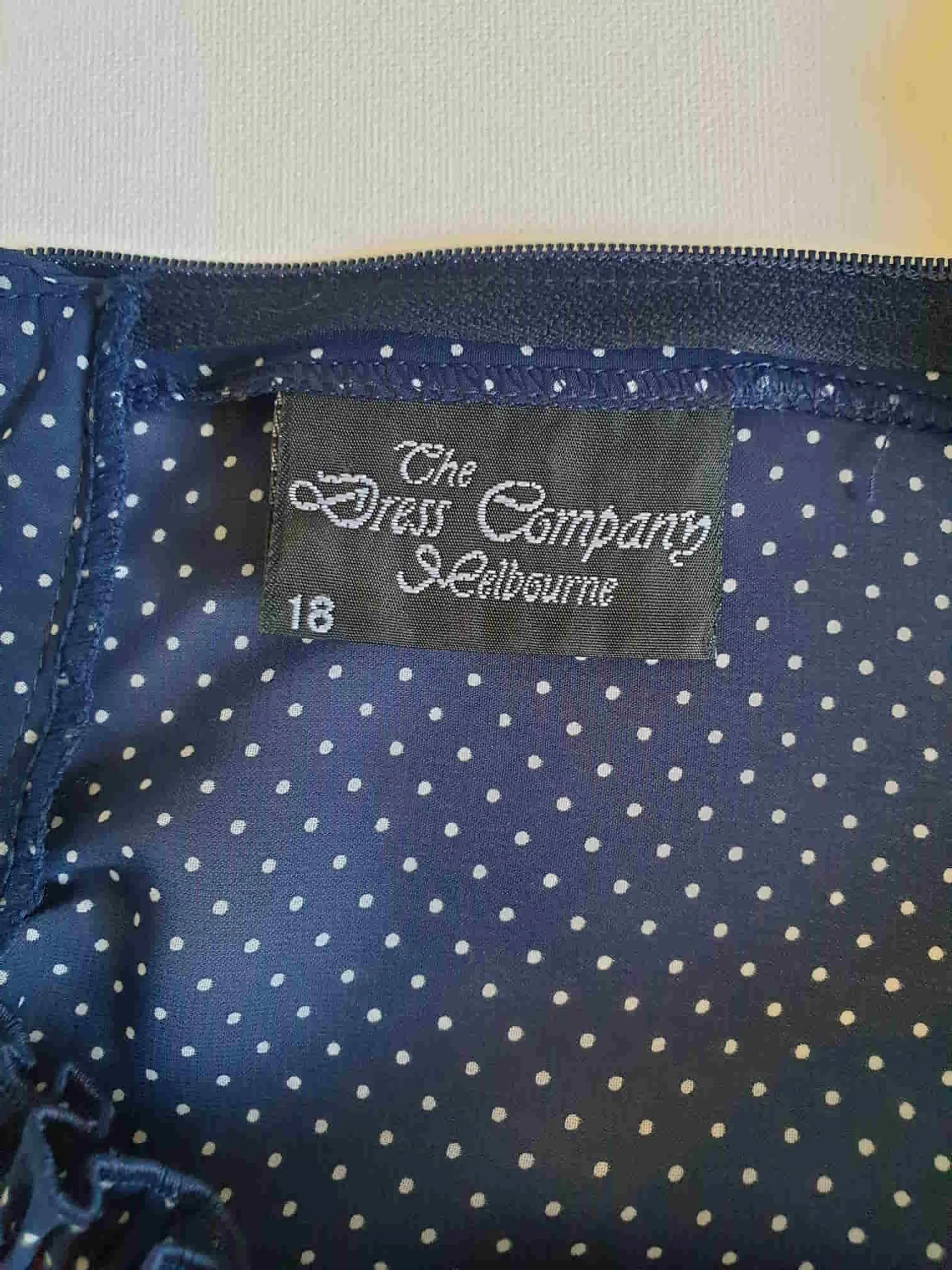 1980s Navy Blue Polka Dot Secretary Dress With Standing Collar - M