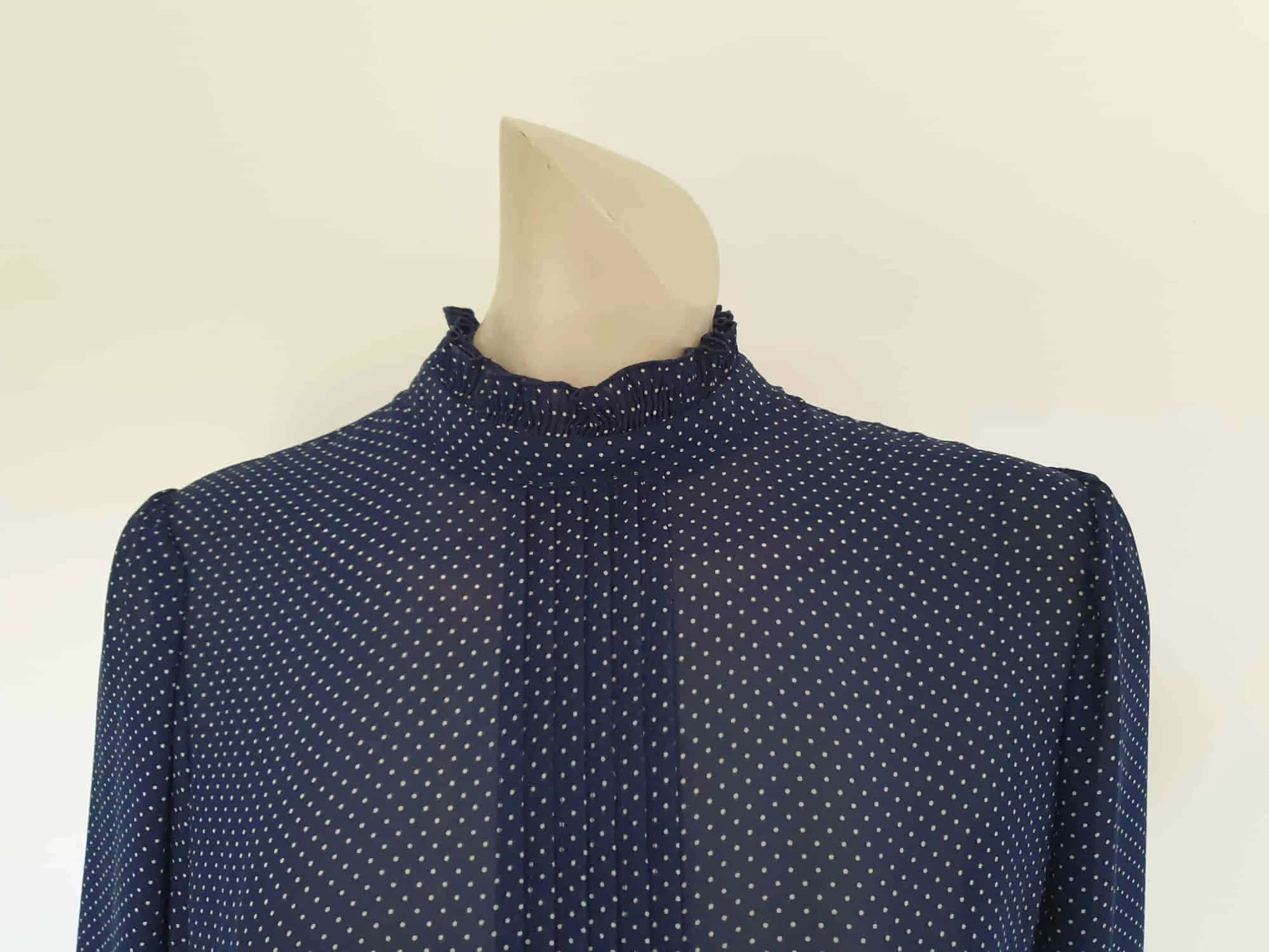 1980s Navy Blue Polka Dot Secretary Dress With Standing Collar - M