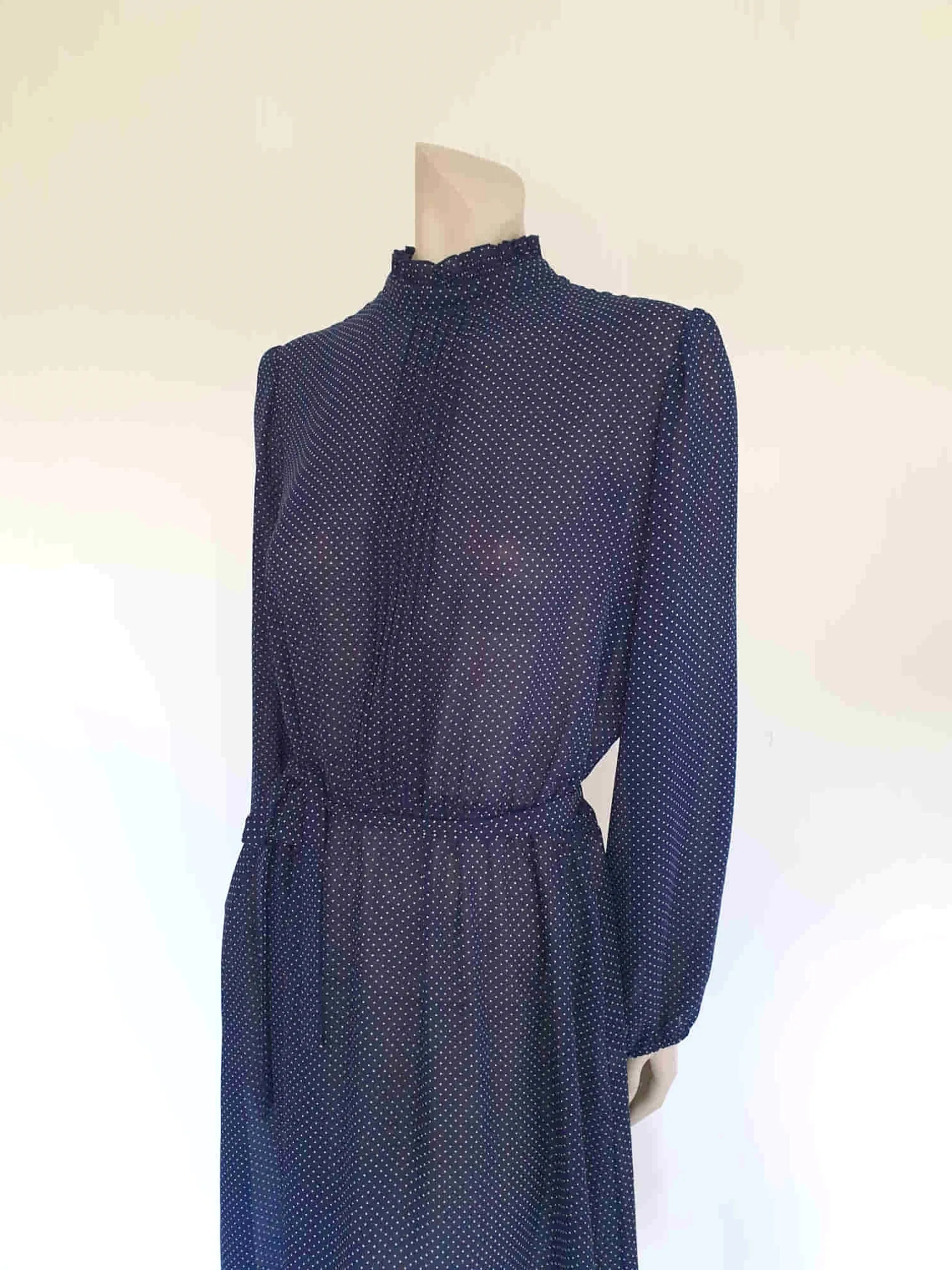 1980s Navy Blue Polka Dot Secretary Dress With Standing Collar - M