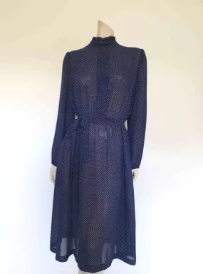 1980s Navy Blue Polka Dot Secretary Dress With Standing Collar - M