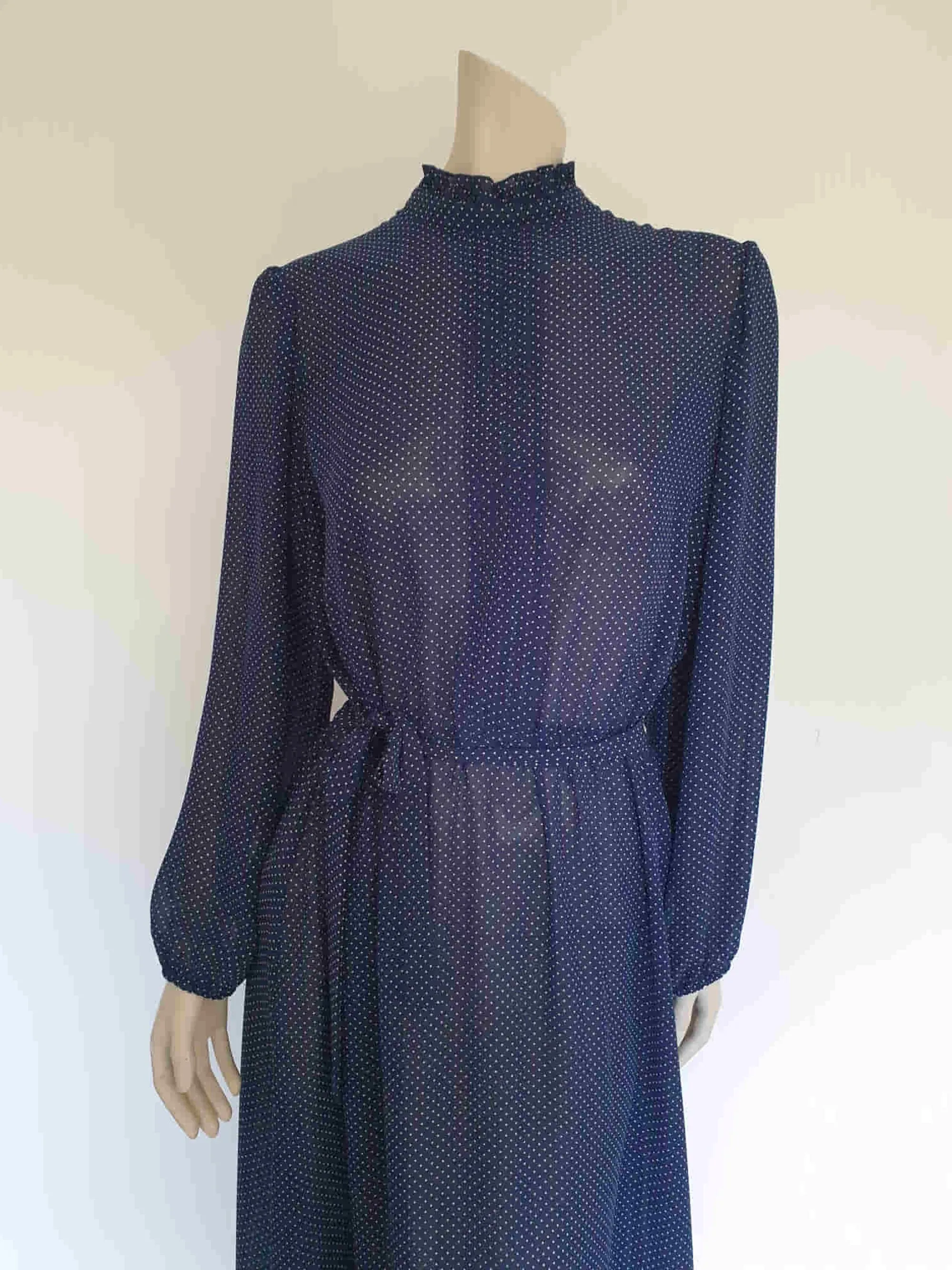 1980s Navy Blue Polka Dot Secretary Dress With Standing Collar - M