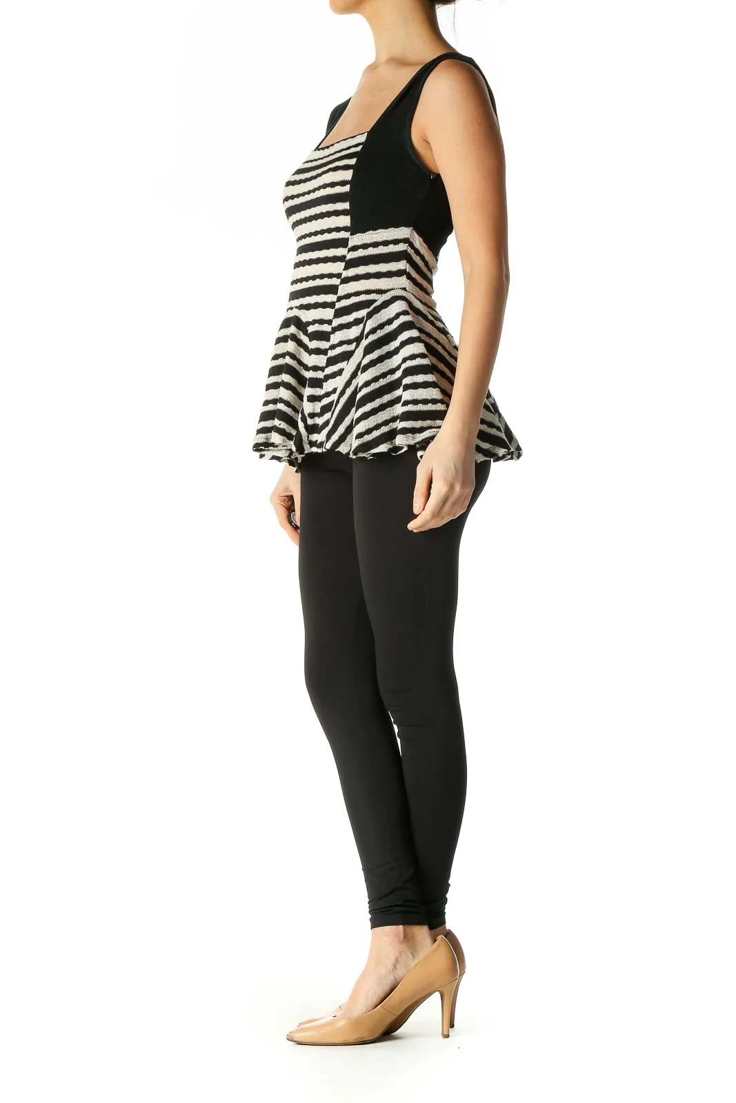 Black and White Striped Peplum Knit Top