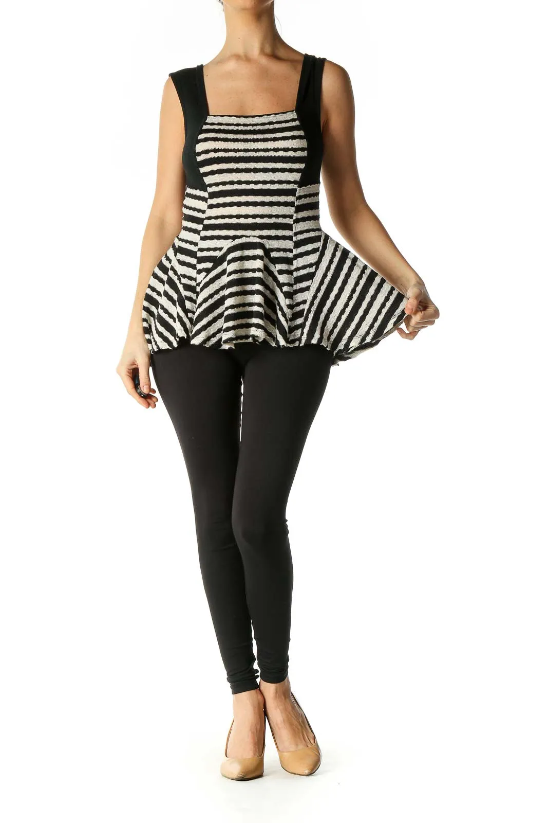 Black and White Striped Peplum Knit Top