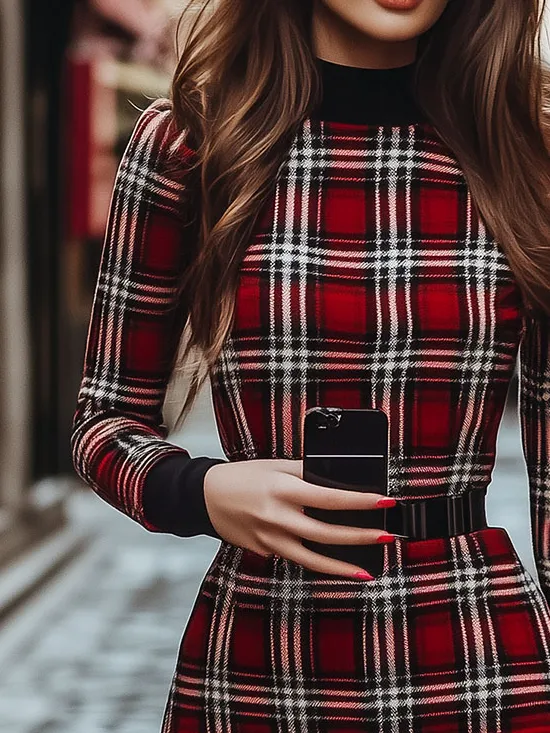Classic Plaid Pattern Mock Neck Bodycon Dress