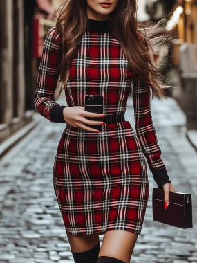 Classic Plaid Pattern Mock Neck Bodycon Dress
