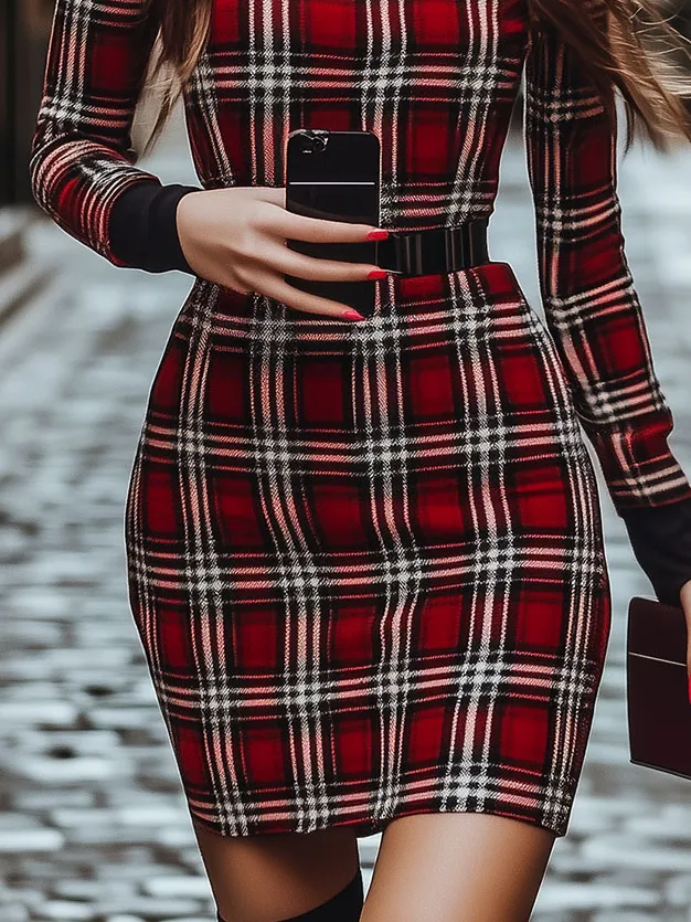 Classic Plaid Pattern Mock Neck Bodycon Dress