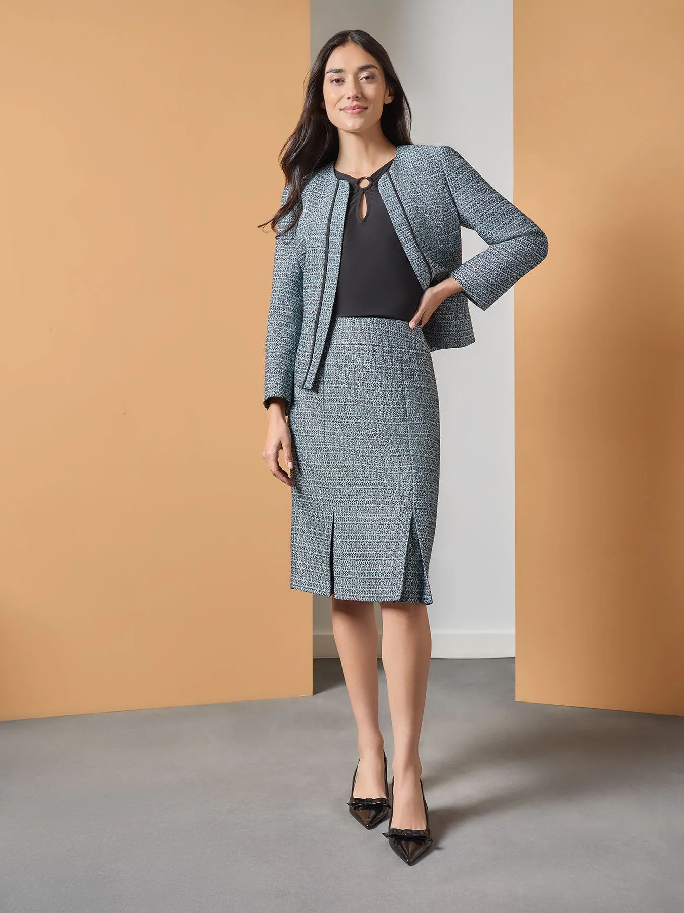 Collarless Open Front Jacket, Tweed