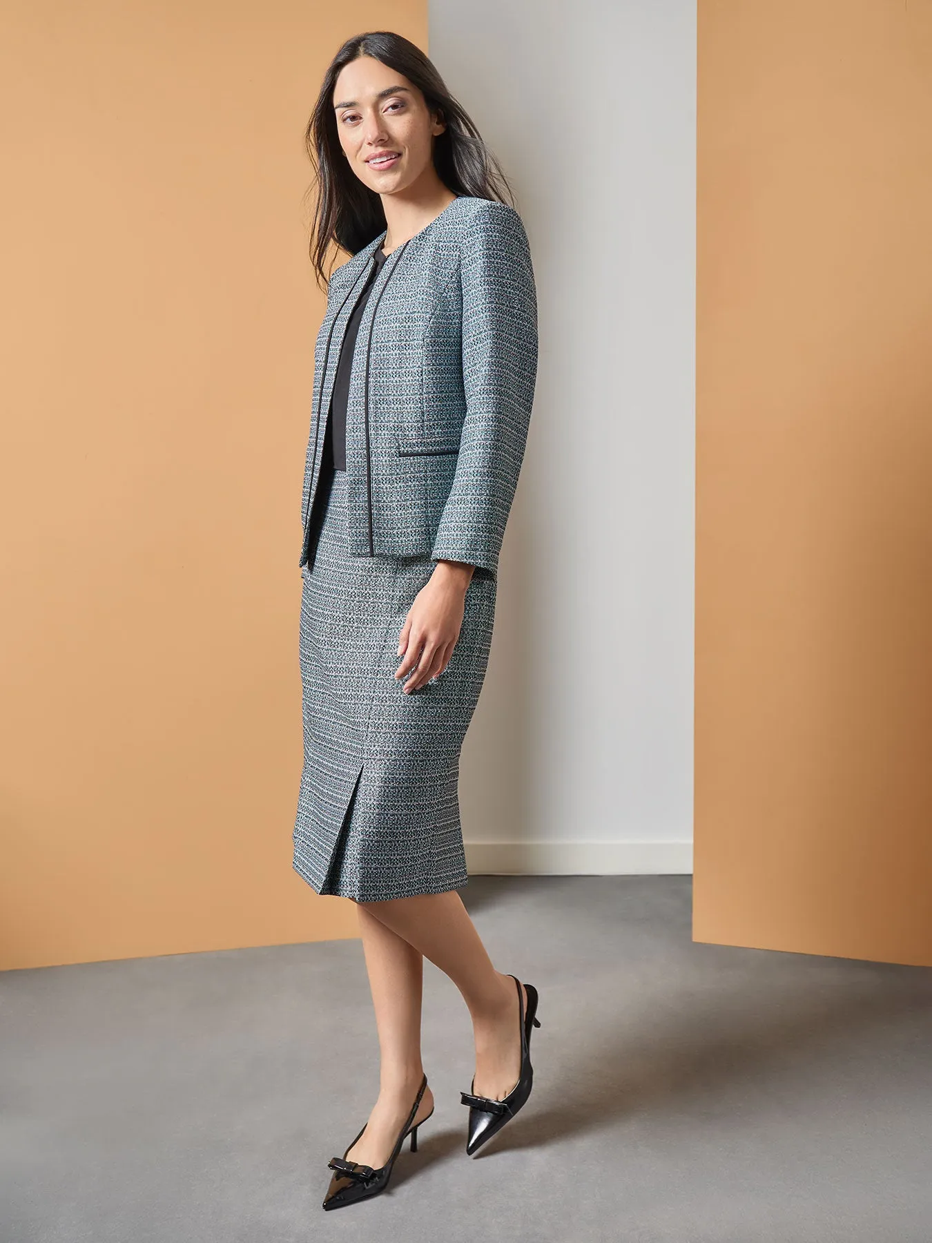 Collarless Open Front Jacket, Tweed