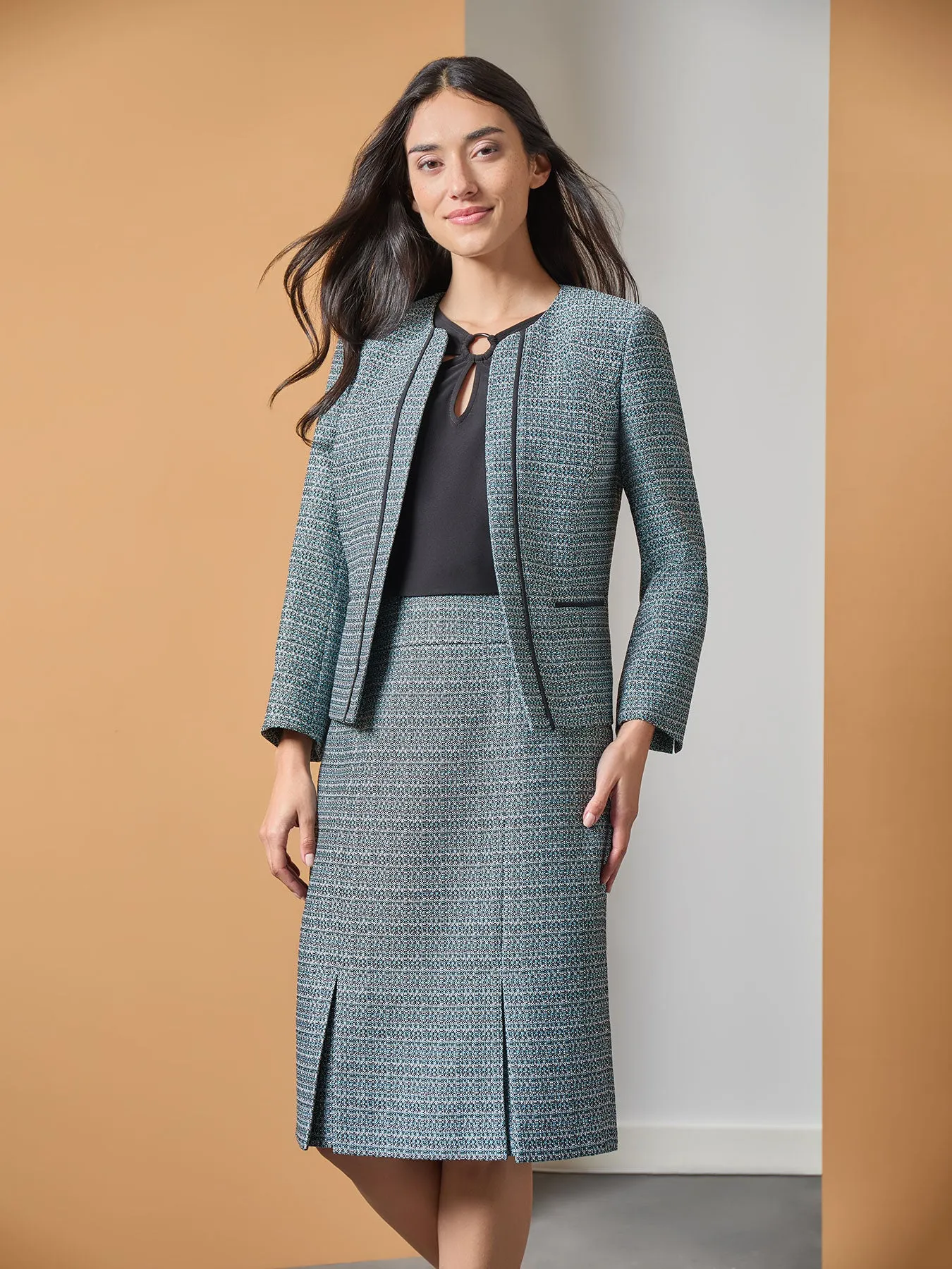 Collarless Open Front Jacket, Tweed