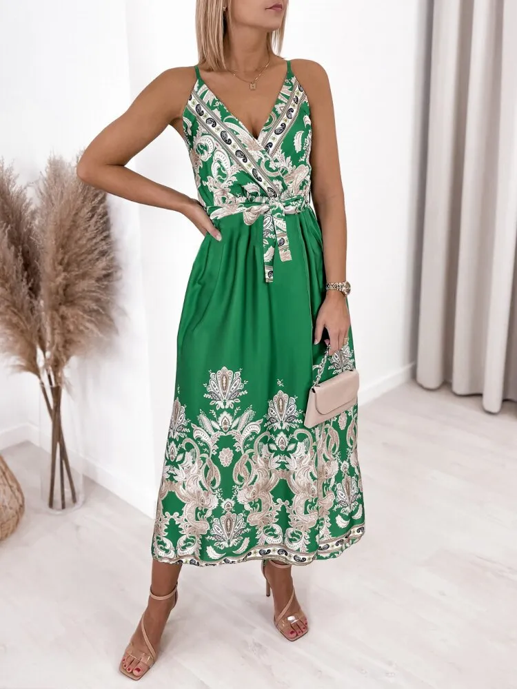 Dresses for Womens 2023 Summer New Printed Split Sexy Dress Fashion V-neck Suspender Long Dress Party Dresses Woman Clothing
