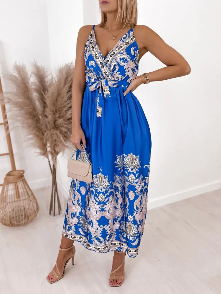 Dresses for Womens 2023 Summer New Printed Split Sexy Dress Fashion V-neck Suspender Long Dress Party Dresses Woman Clothing