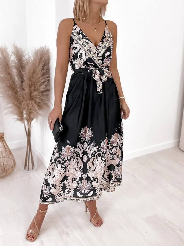 Dresses for Womens 2023 Summer New Printed Split Sexy Dress Fashion V-neck Suspender Long Dress Party Dresses Woman Clothing
