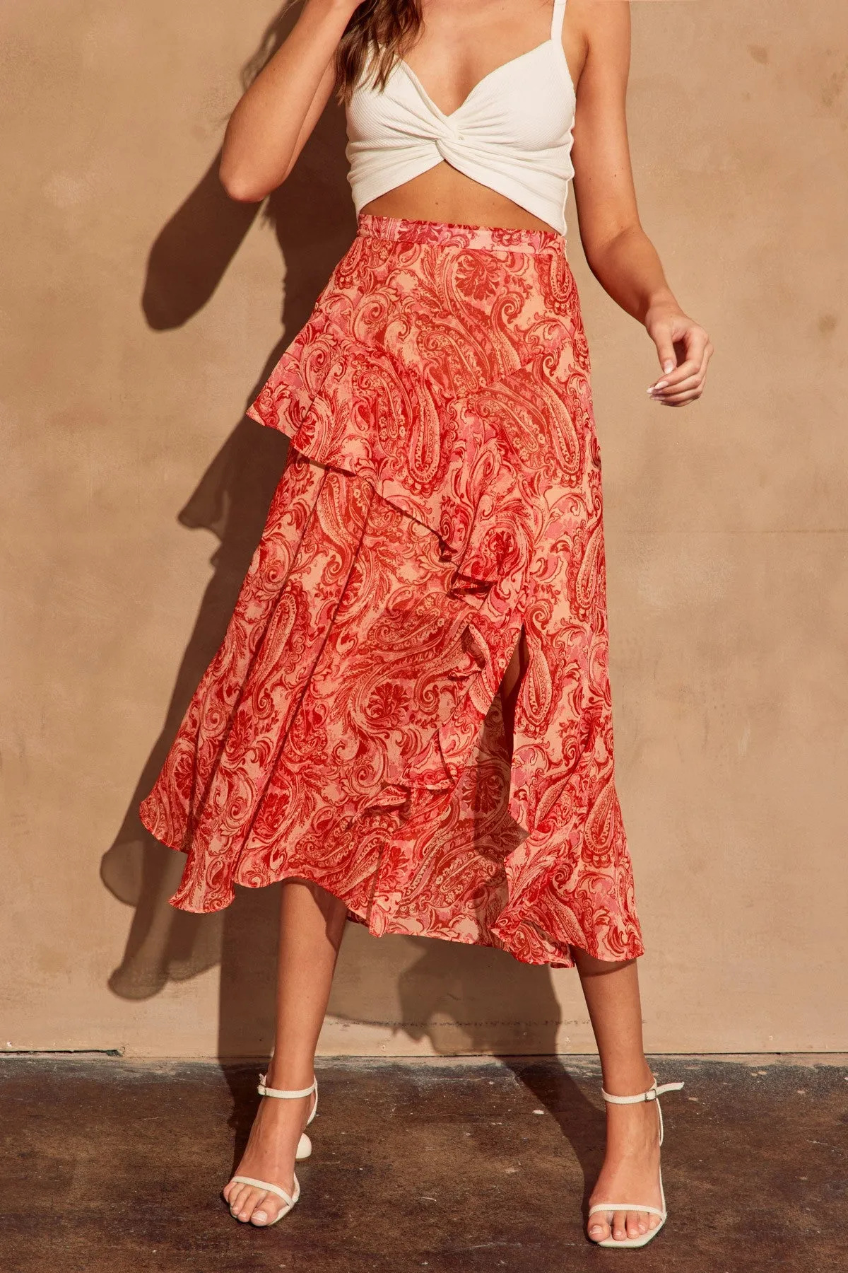 Fiesta Paisley Ruffle Midi Skirt