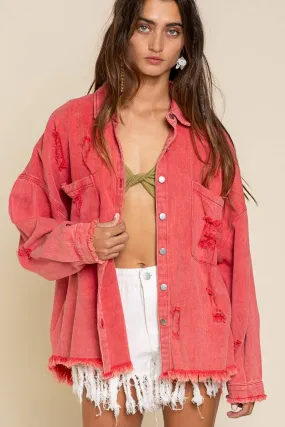 Front Pocket Distressed Button Down Twill Shacket Shirt /Stuffology Boutique