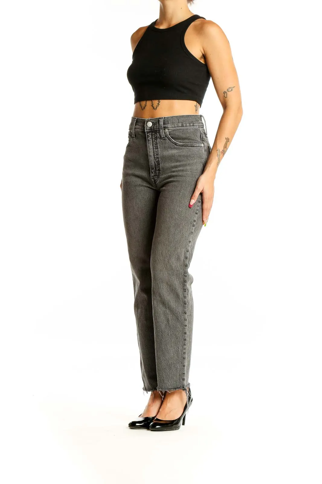 Gray High-Rise Straight-Leg Denim Jeans