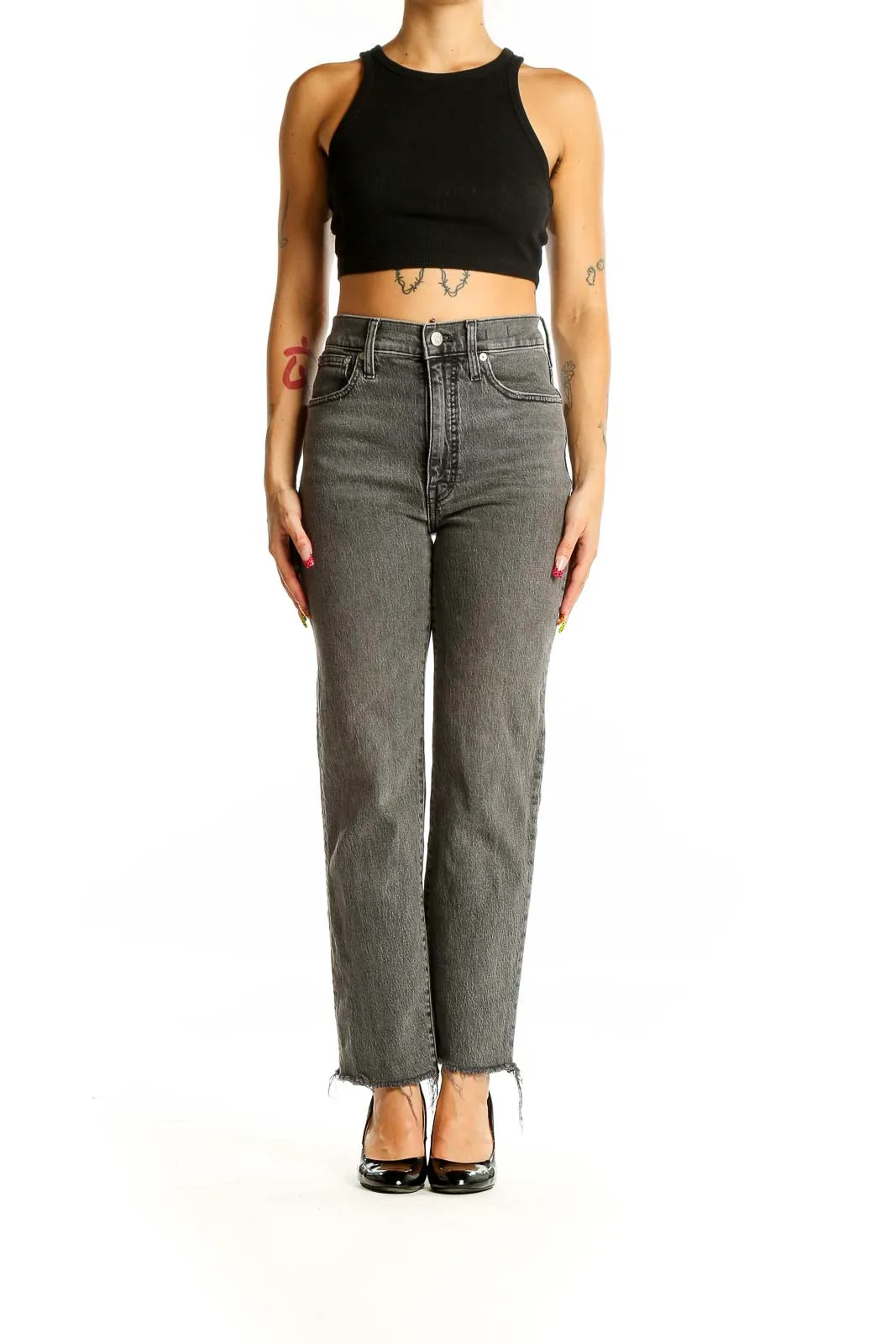 Gray High-Rise Straight-Leg Denim Jeans