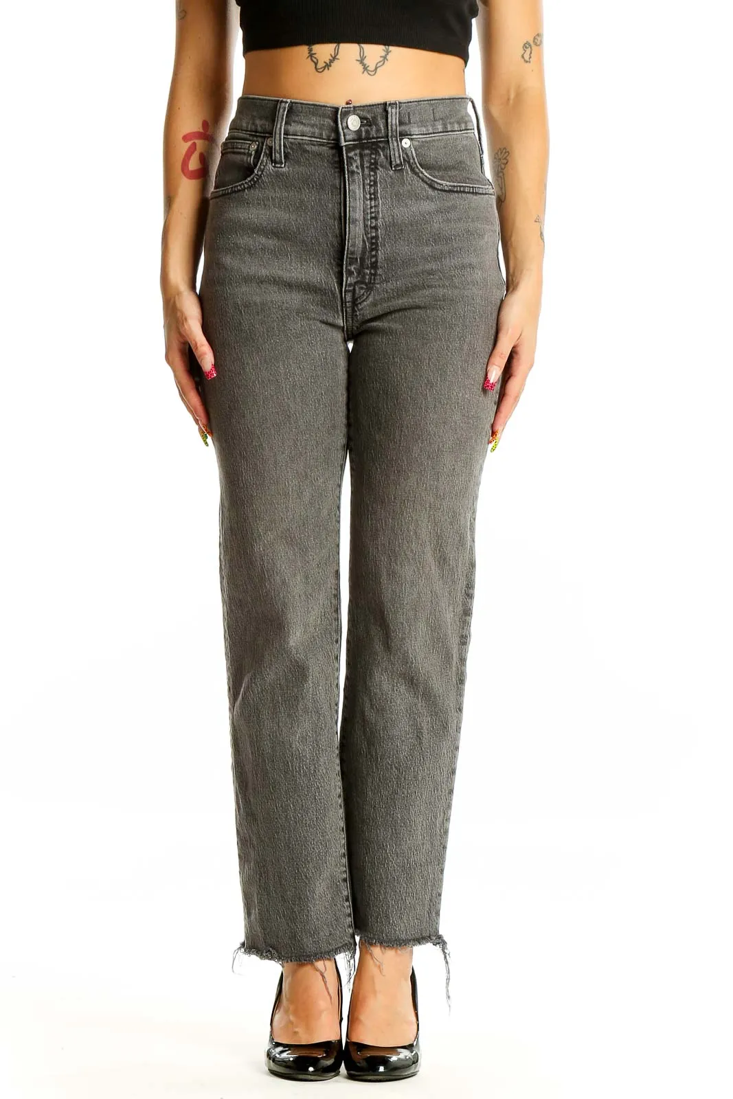 Gray High-Rise Straight-Leg Denim Jeans