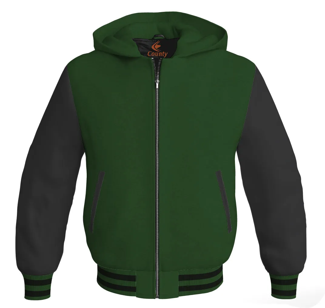 Hoodie Jackets Forest Green Body and Black Leather Sleeves Bomber Jacket