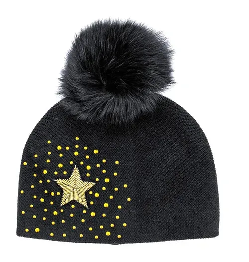 Mitchie's Matchings | Knit Hat with Star, Beads & Fox Fur Pompom | Women's