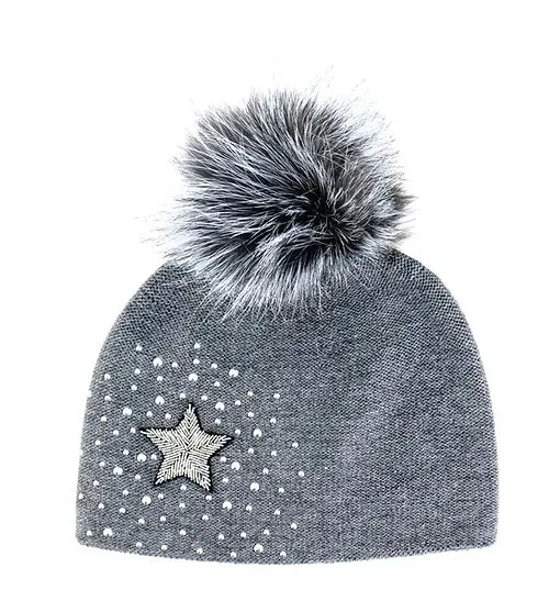 Mitchie's Matchings | Knit Hat with Star, Beads & Fox Fur Pompom | Women's