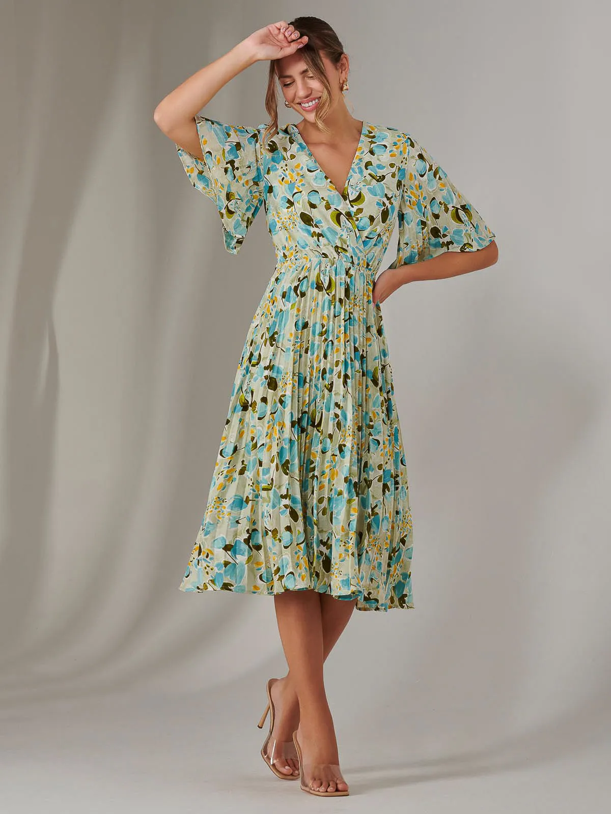 Pleated Wrap Midi Dress, Blue Floral