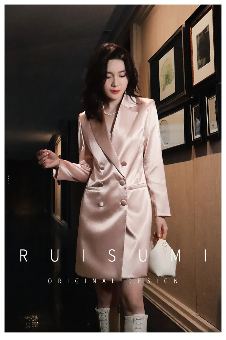 Ruisumi fashion commuting light luxury satin glossy pink suit skirt French mid-length coat- Thilia