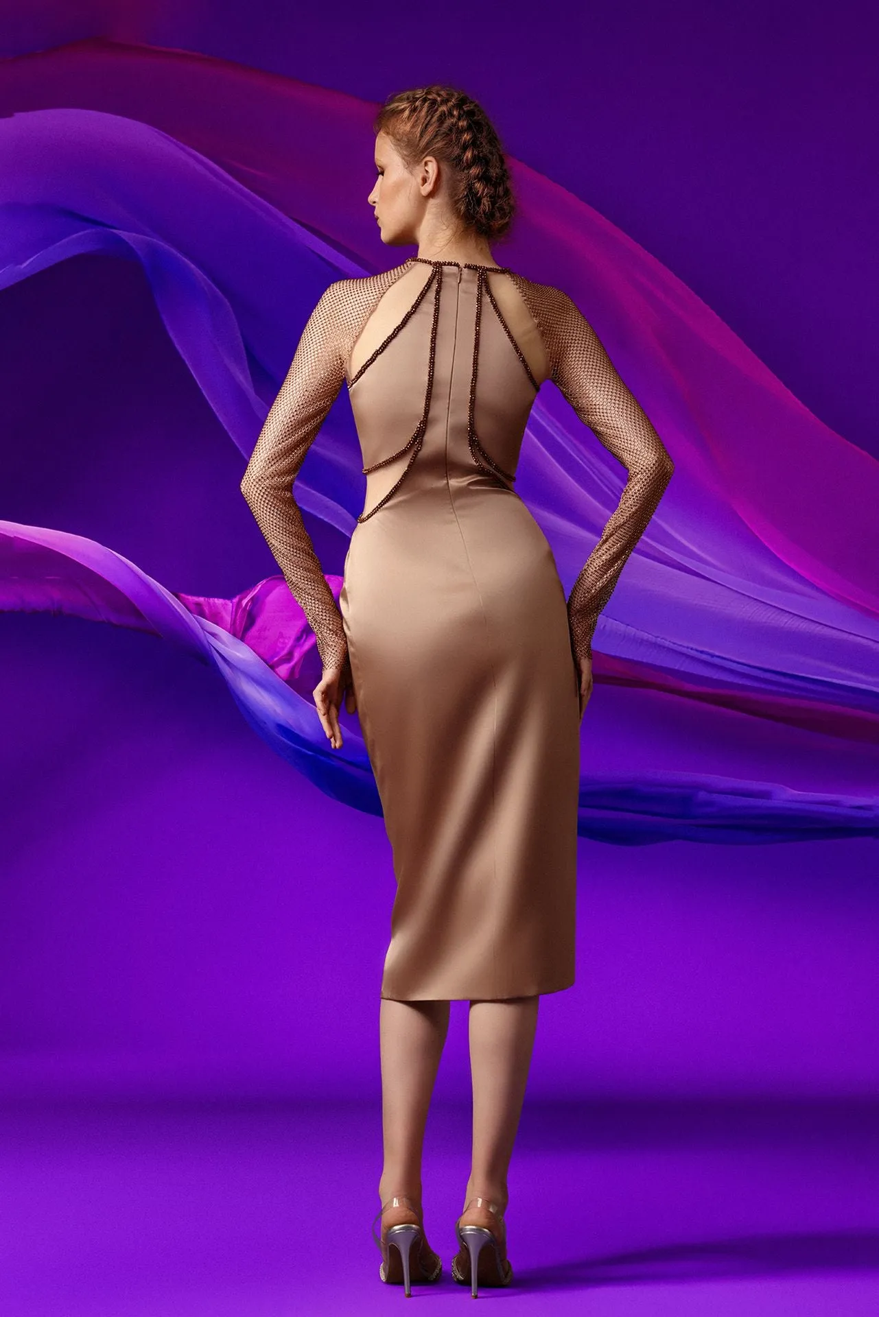 Satin Midi Dress with Net Long Sleeves