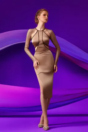 Satin Midi Dress with Net Long Sleeves