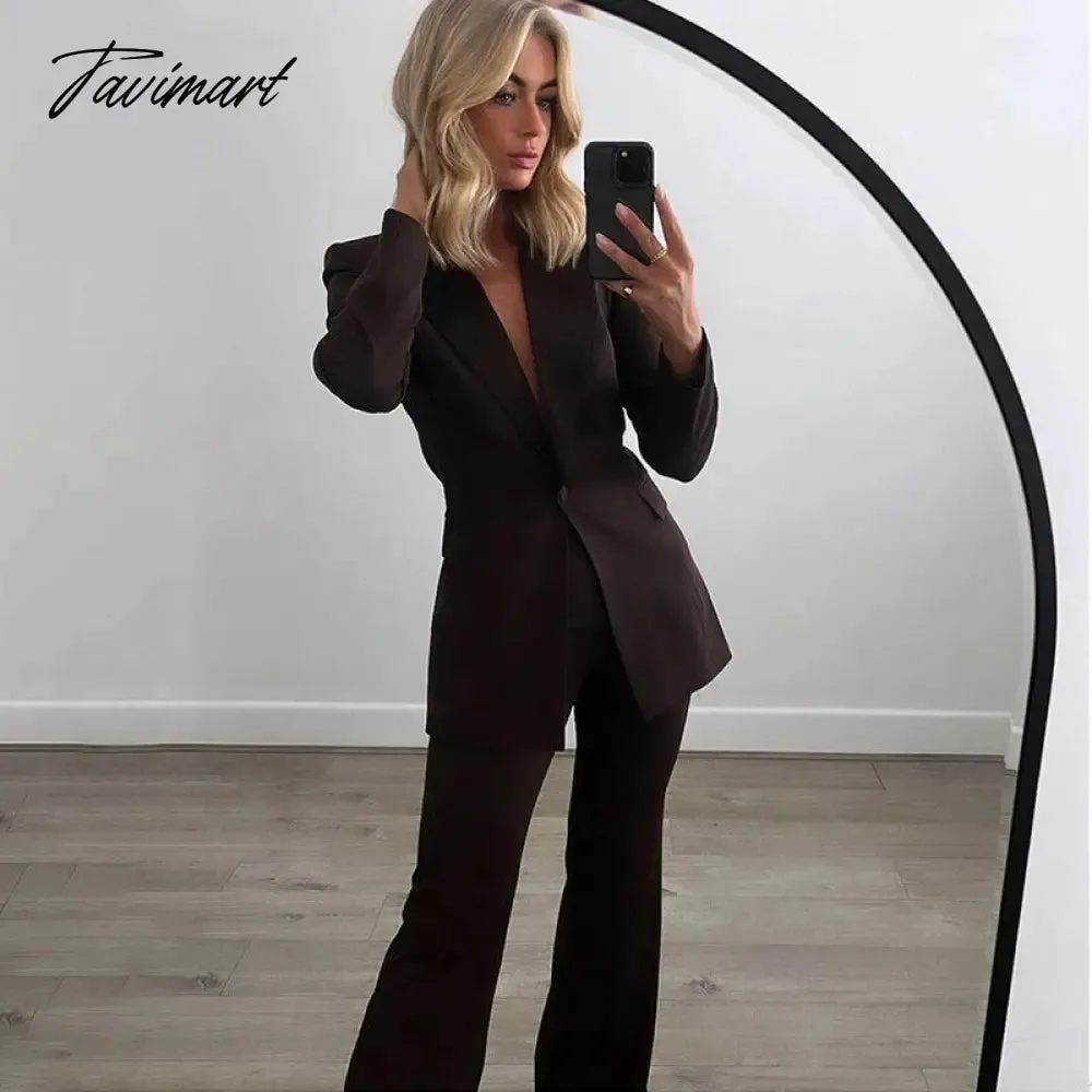 Tavimart Notch Collar One Piece Of Buckle Blazer Neutral Minimalism Long Sleeve Top Vintage Office Ladies Winter Jacket Women Outerwear