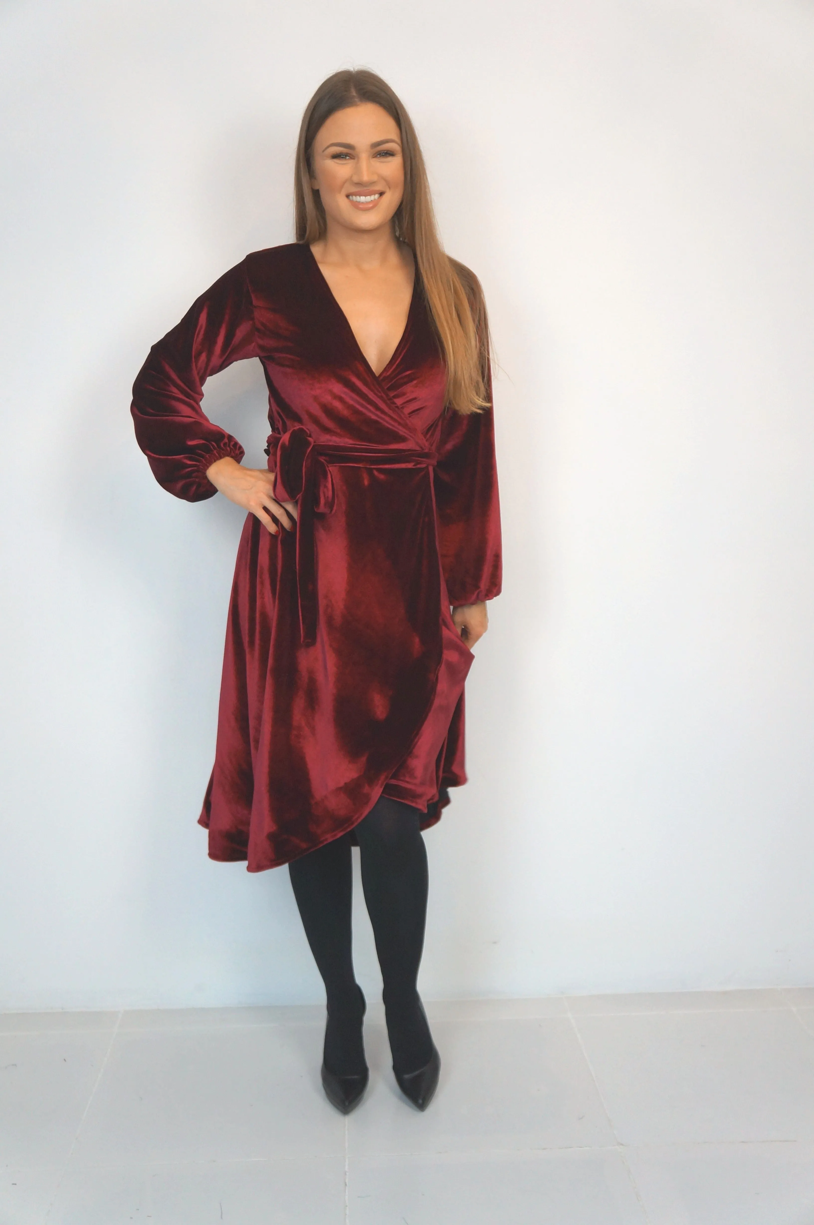 The Midi Velvet Wrap Dress - Burgundy Velvet