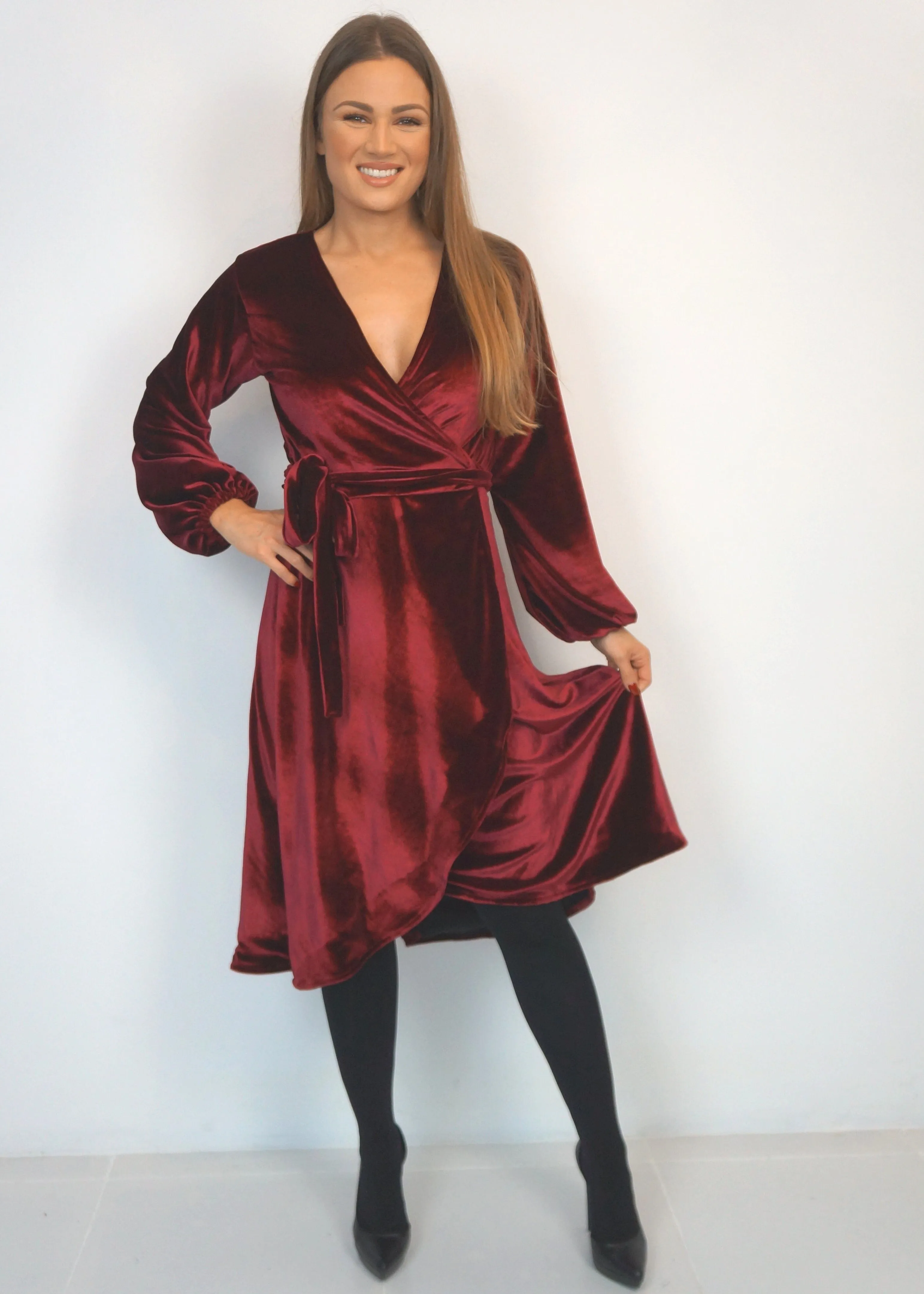 The Midi Velvet Wrap Dress - Burgundy Velvet