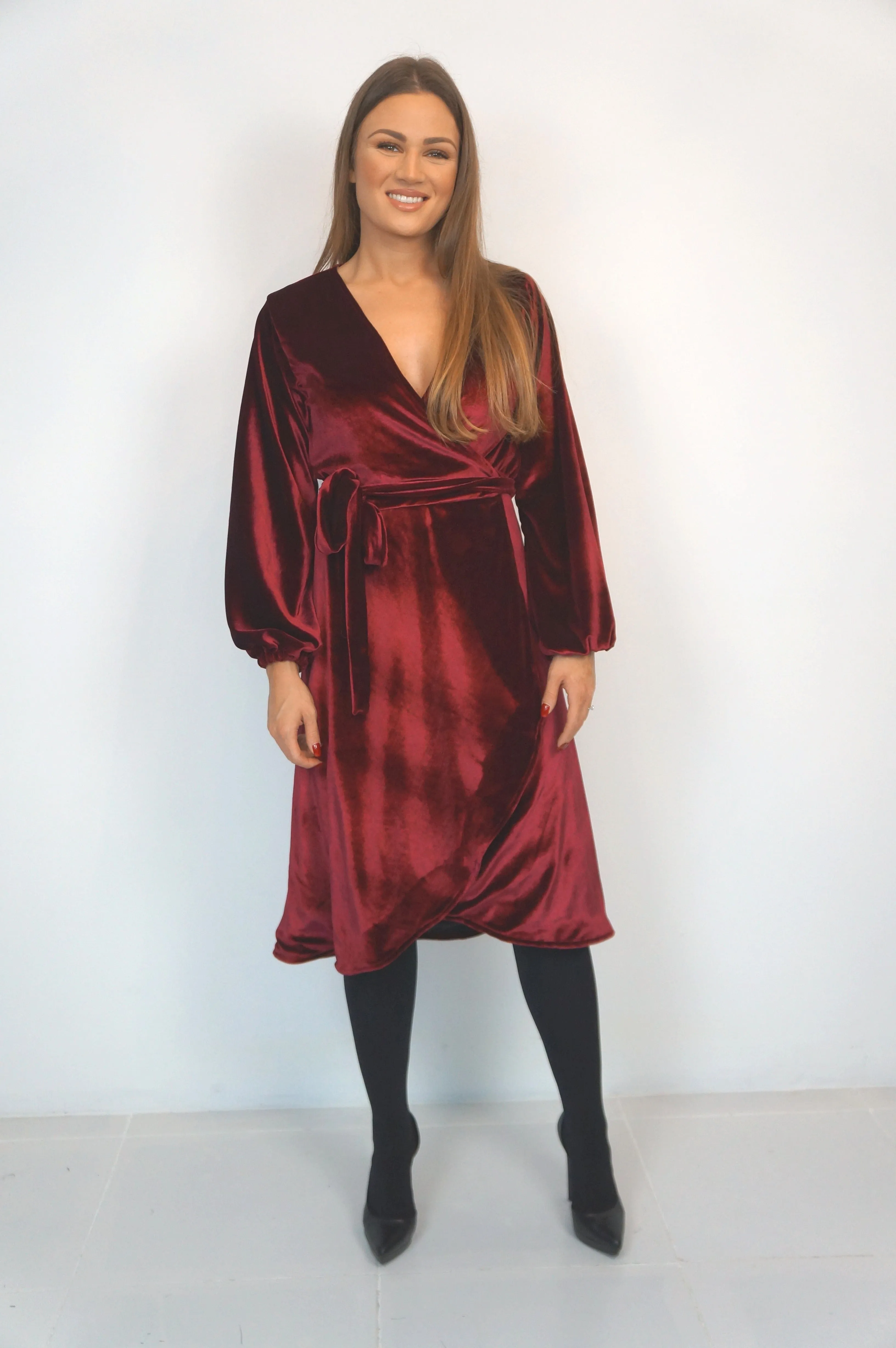 The Midi Velvet Wrap Dress - Burgundy Velvet