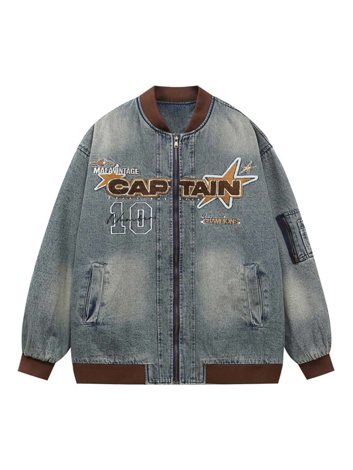 Thesupermade Alphabet Patch Embroidered Quilted Denim Bomber Jacket