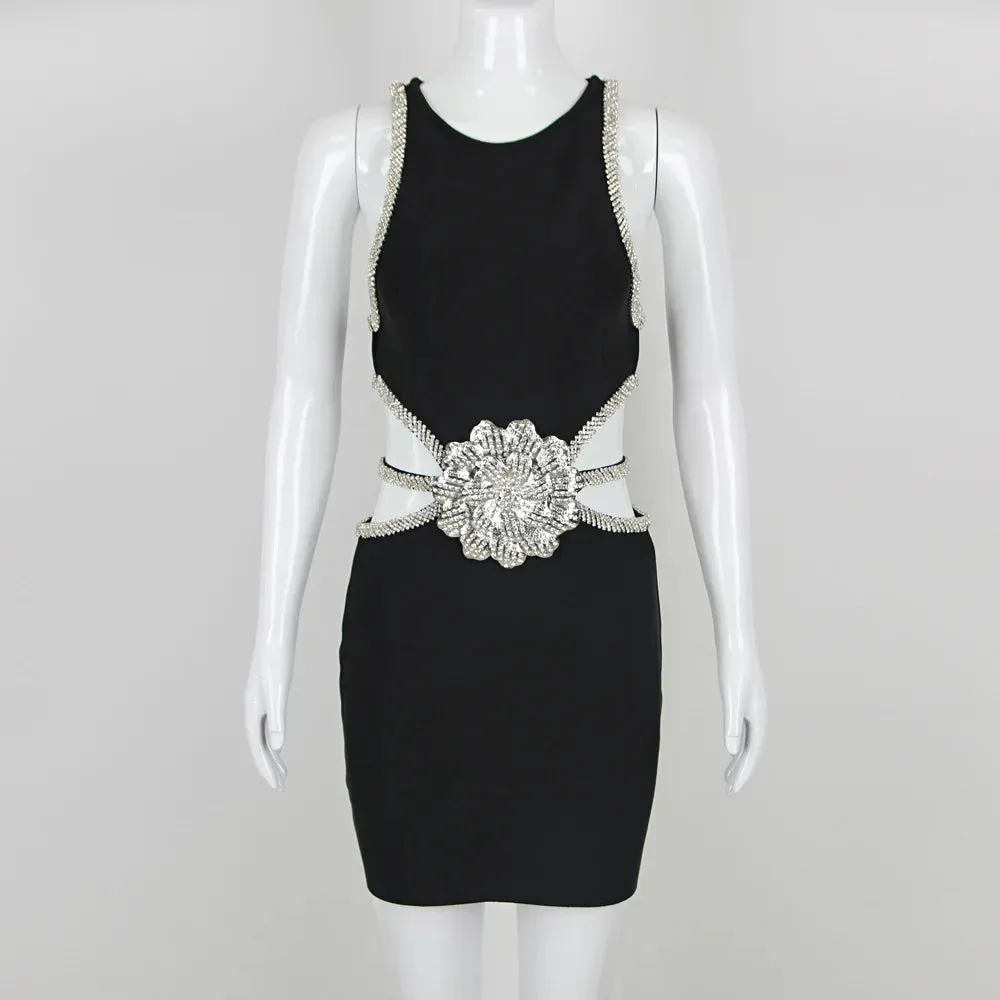 Trend4us Women's Crystal Floral Cutout Mini Dress