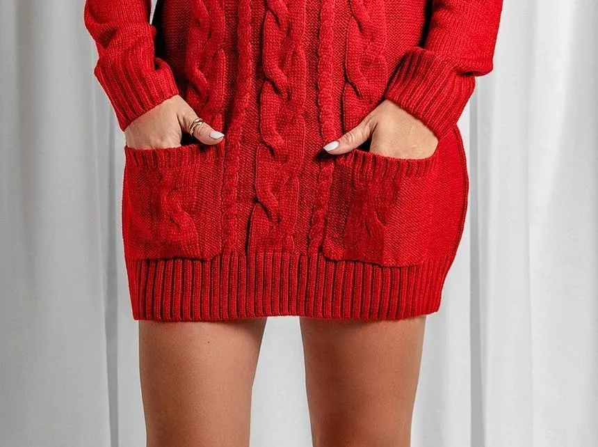 Turtleneck Plain Cable Knit Mini Sweater Dress YR4058