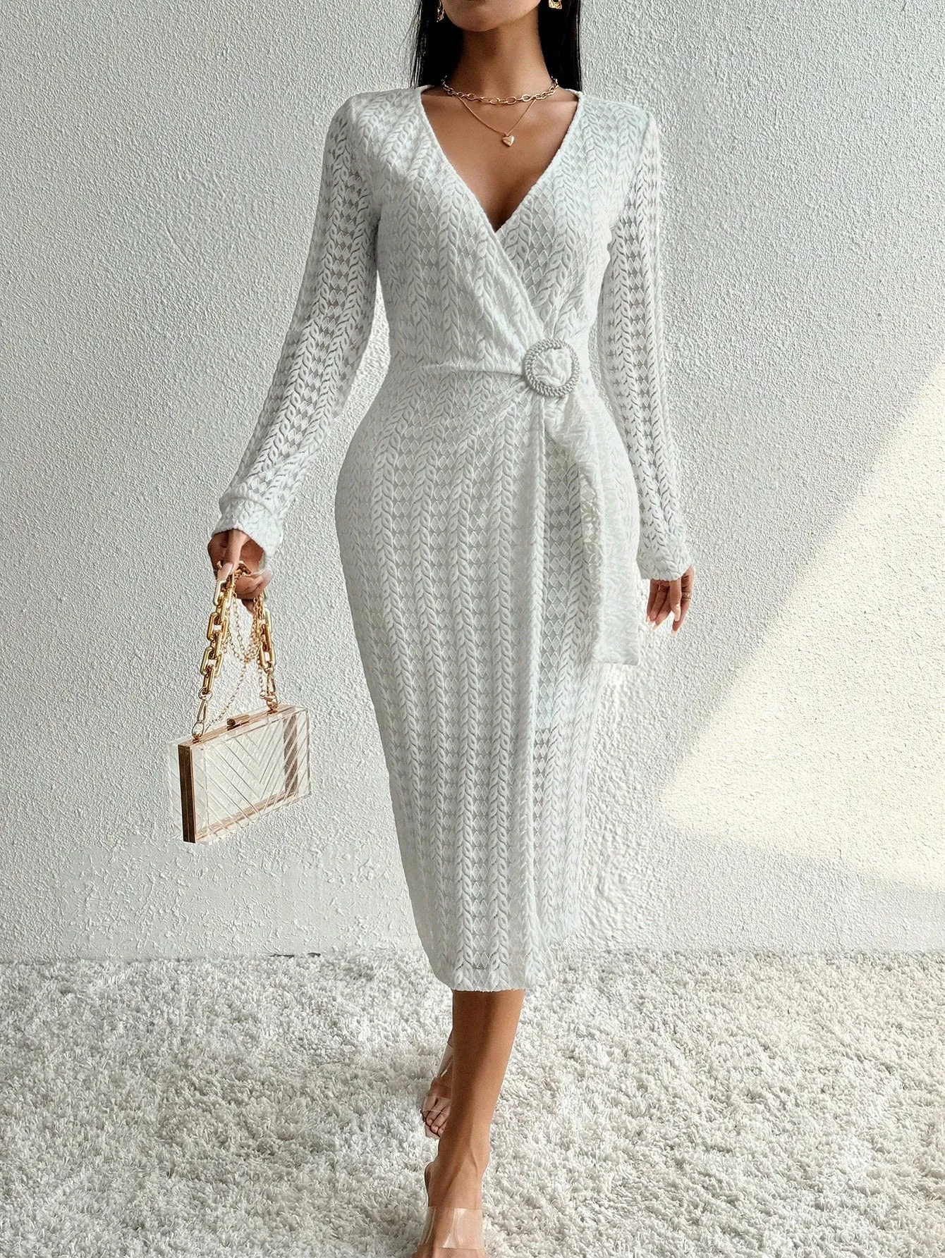 White V-Neck Cutout Wrap High Waist Dress