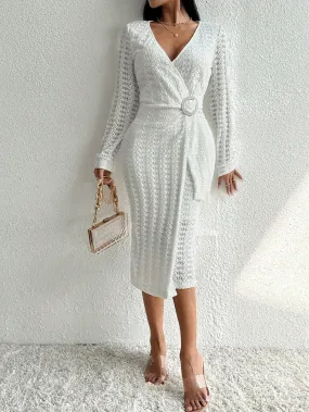 White V-Neck Cutout Wrap High Waist Dress