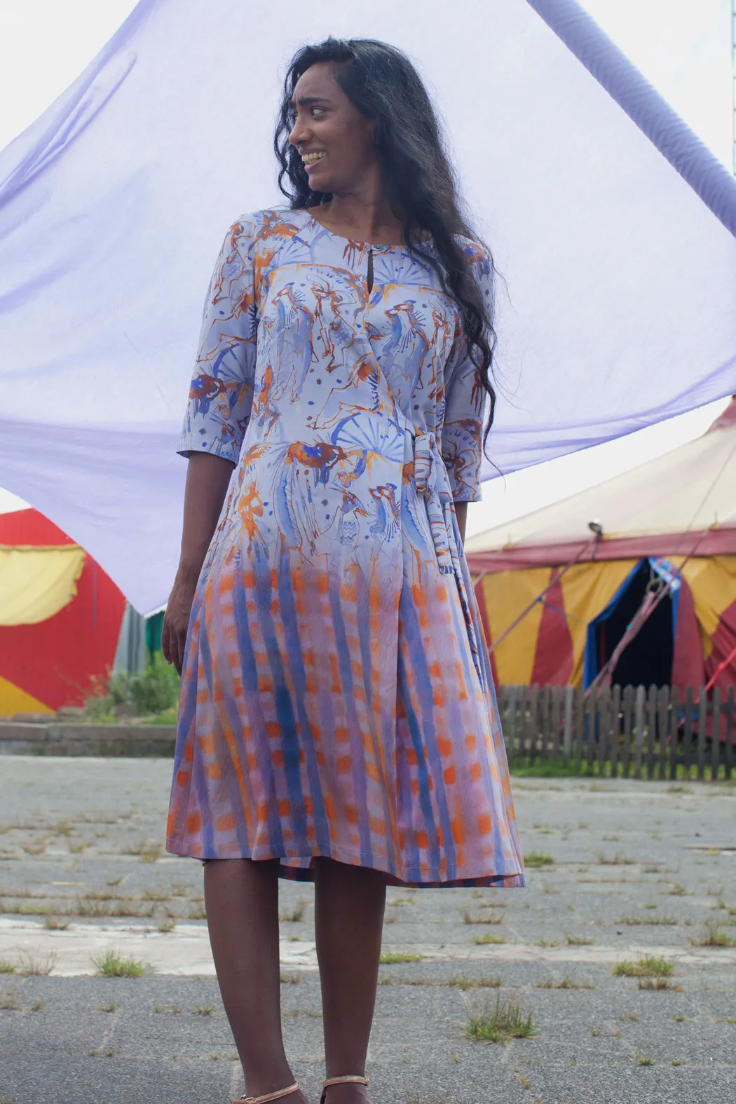 Wrap Dress Circus Print Blue Orange