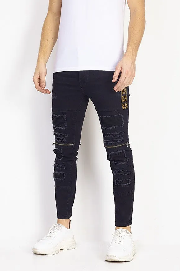 ZIP DETAIL DISTRESSED CHARCOAL SKINNY JEANS