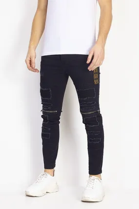 ZIP DETAIL DISTRESSED CHARCOAL SKINNY JEANS