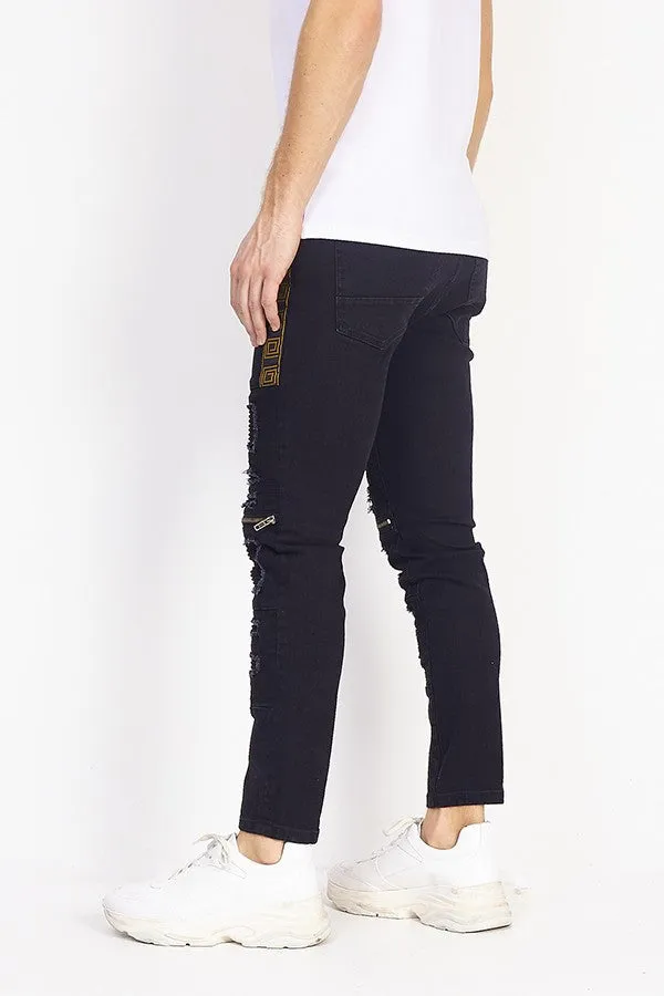 ZIP DETAIL DISTRESSED CHARCOAL SKINNY JEANS